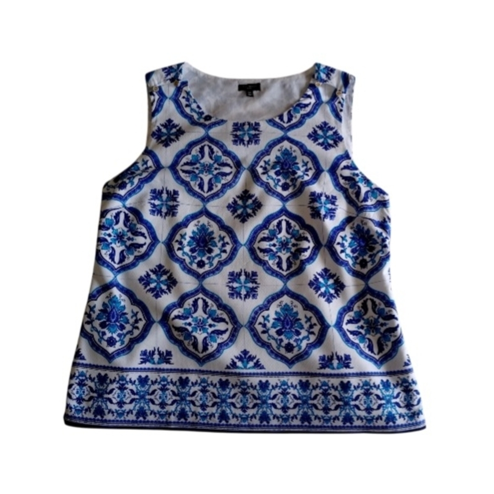 Talbots Floral Medallion Button Shoulder 100% Cotton Top, Size Mp